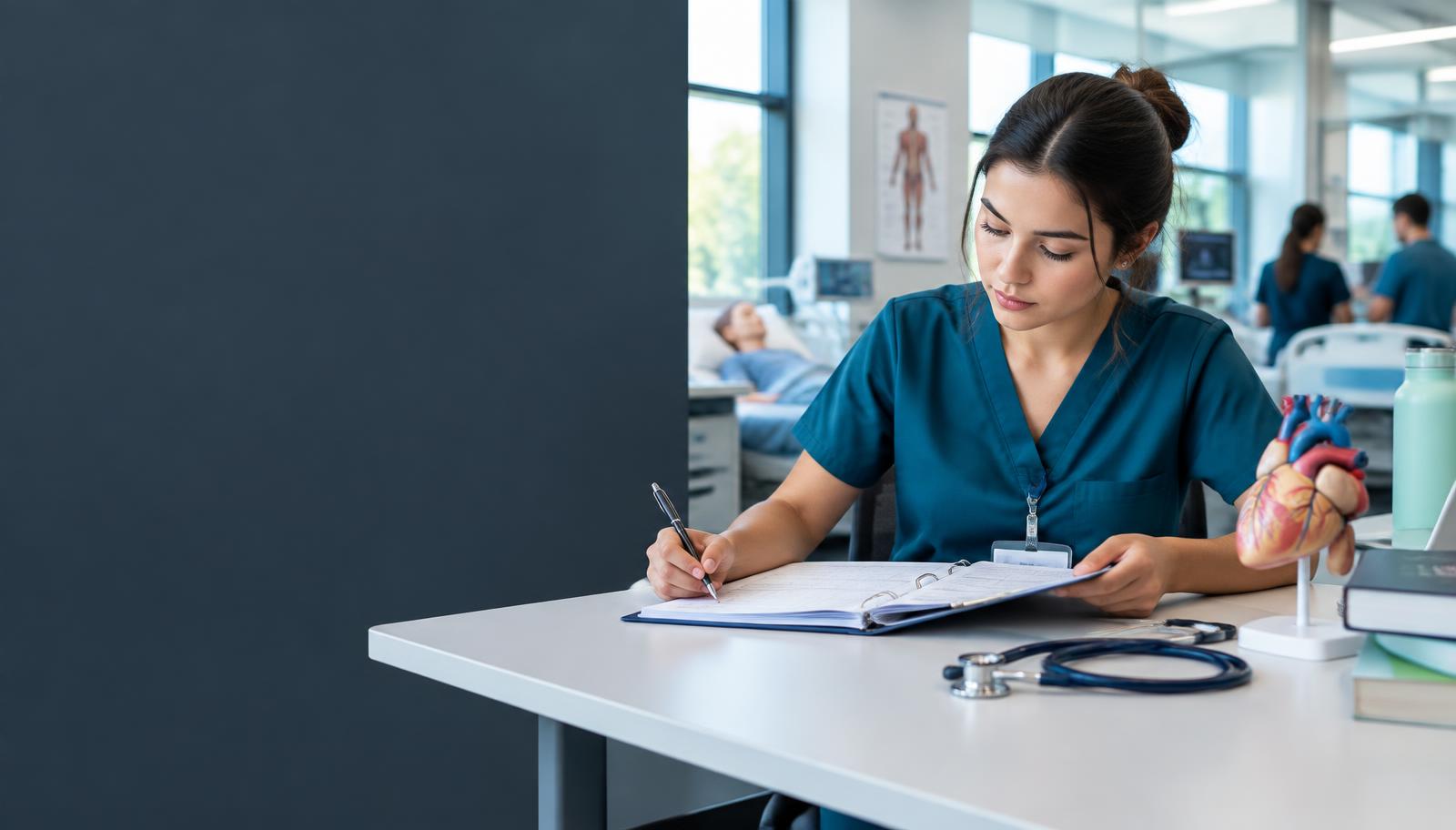 Nursing student reviewing a clinical chart in a training setting