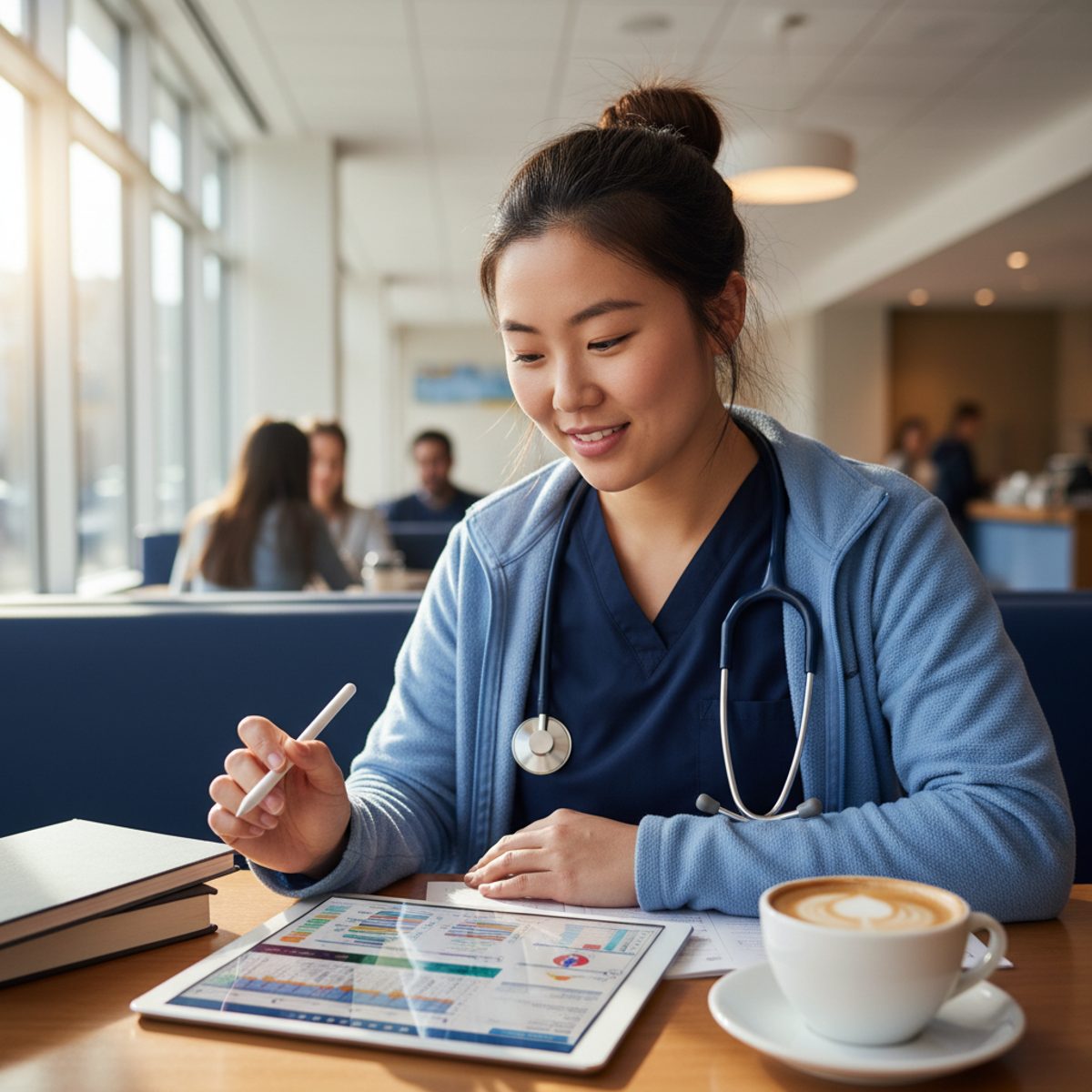A focused nursing student reviewing lab values and clinical scenarios on a laptop, illustrating how many questions are on the NCLEX.