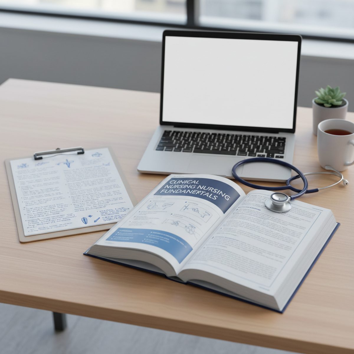 A focused nursing student using a 30 day NCLEX study plan with a stethoscope and textbook on a wooden desk.