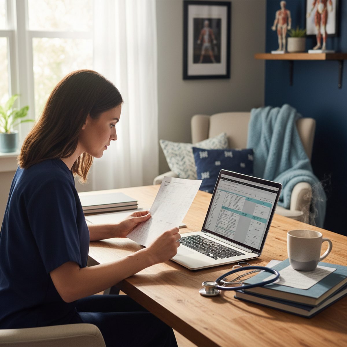 A nursing graduate sitting at a desk with a laptop, stethoscope, and a detailed 90 day NCLEX study plan written on a calendar.