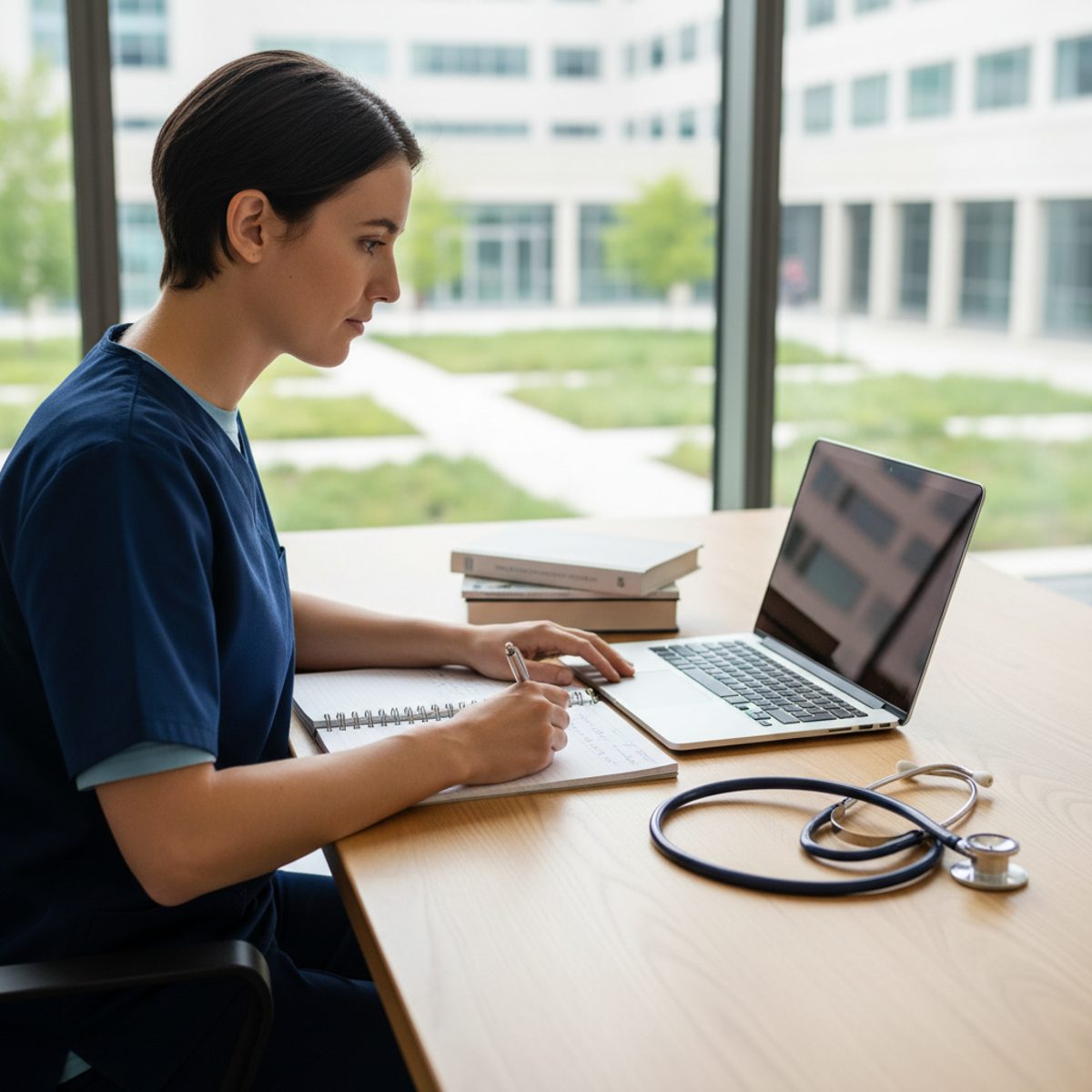 A nursing student intently studying cloze NCLEX questions on a tablet with a stethoscope nearby.