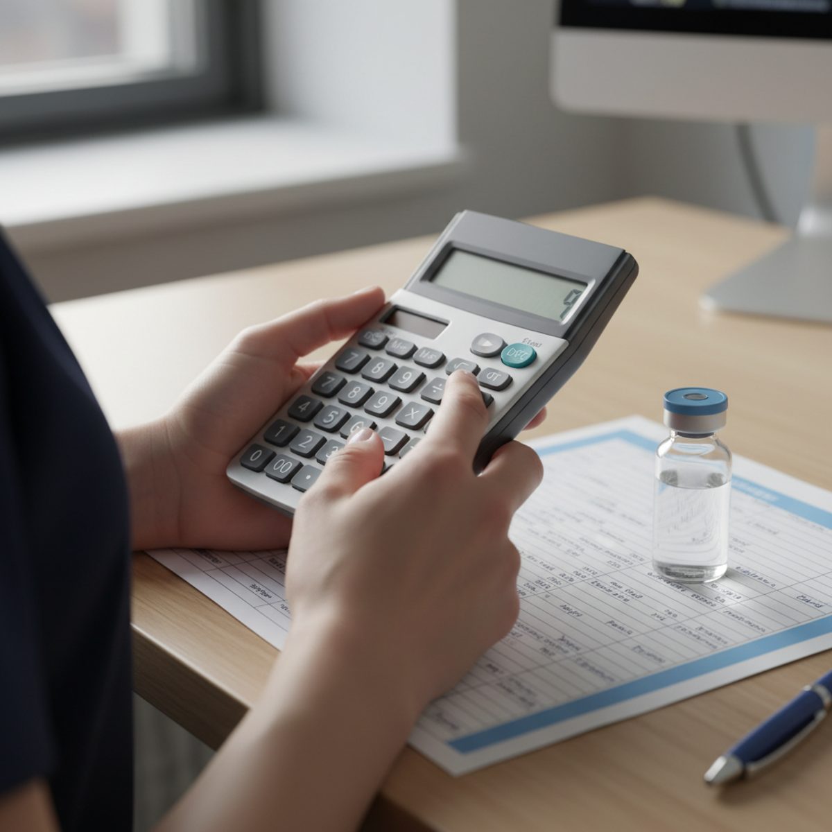 A focused nursing student using a calculator and stethoscope while practicing dosage calculation NCLEX problems.