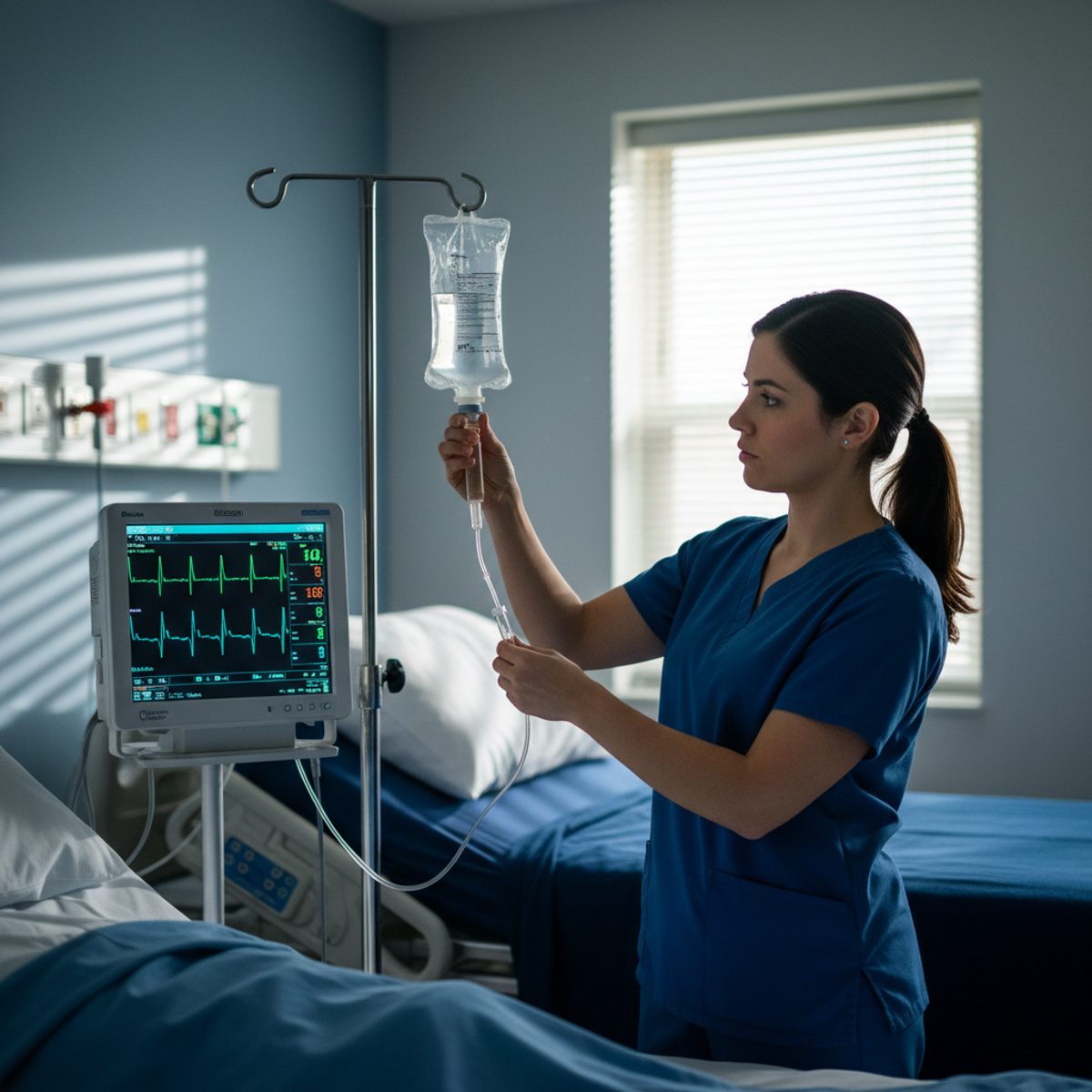 A nursing student reviewing fluid and electrolytes NCLEX charts with a stethoscope and medical textbook.