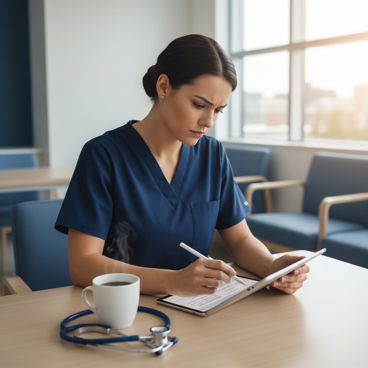 A nursing student using a tablet to practice highlight NCLEX questions with a stethoscope nearby.