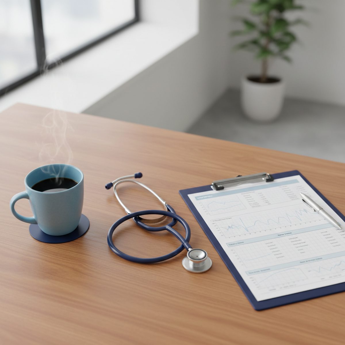 A close-up of a nurse reviewing a lab report next to a stethoscope and an NCLEX lab values study guide.