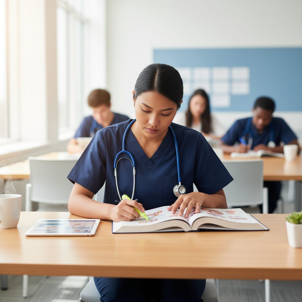 A focused nursing student reviewing NCLEX pass rate 2026 statistics on a tablet next to a stethoscope.