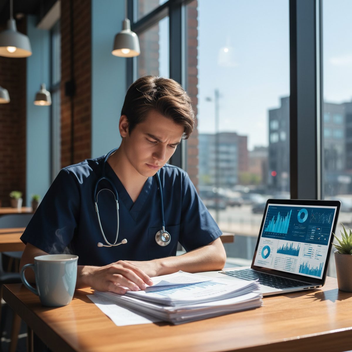 A nursing student reviewing a laptop screen showing NCLEX passing score data and charts.
