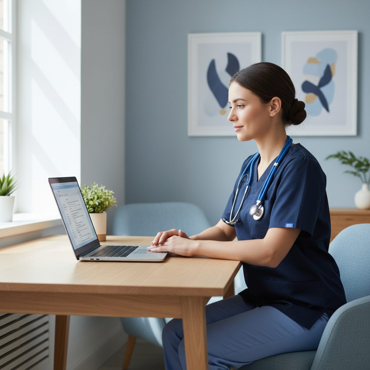 A nursing graduate checking their laptop for the Pearson VUE trick results after taking the NCLEX.