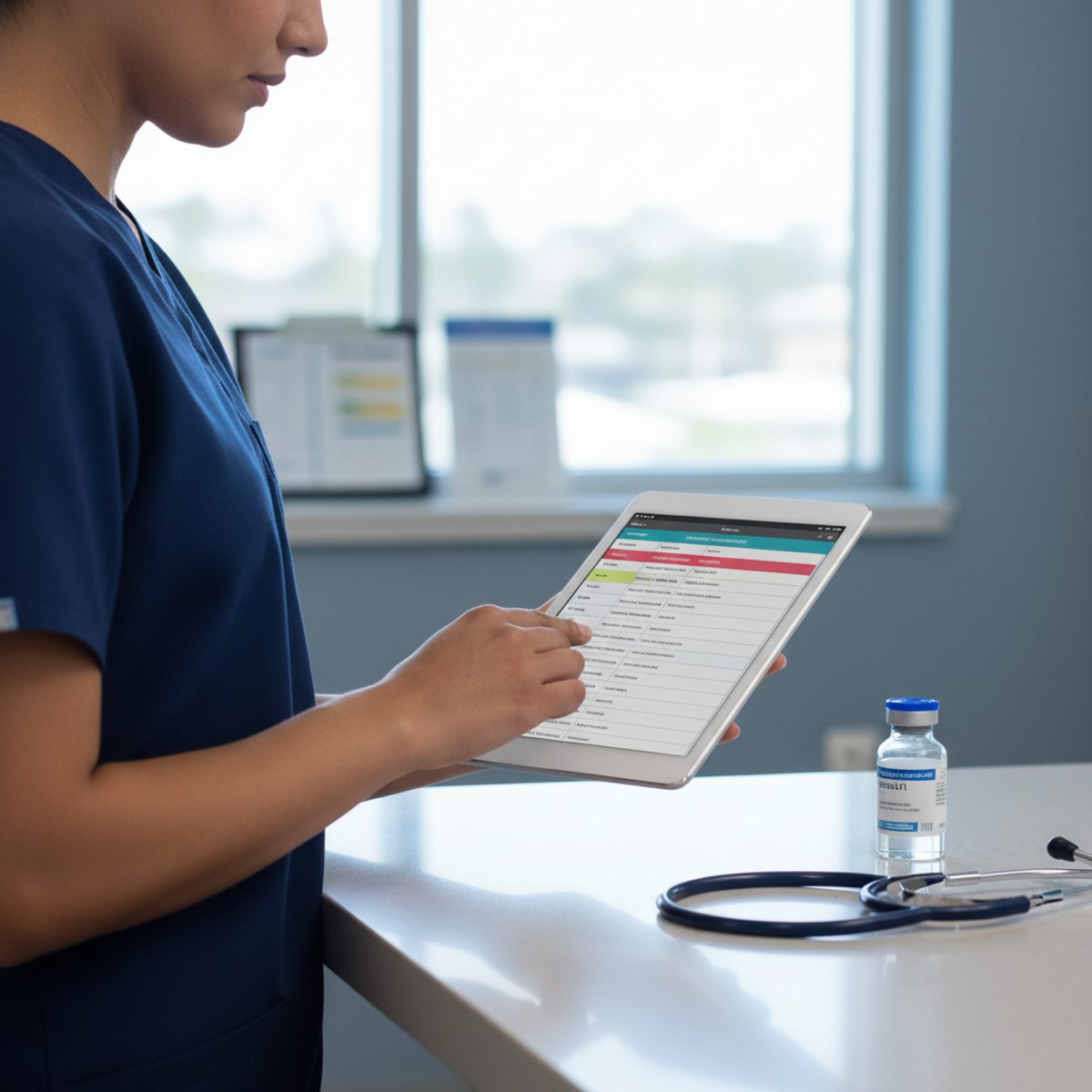 A nursing student using the NCLEX pharmacology study guide with a stethoscope and medication vials nearby.