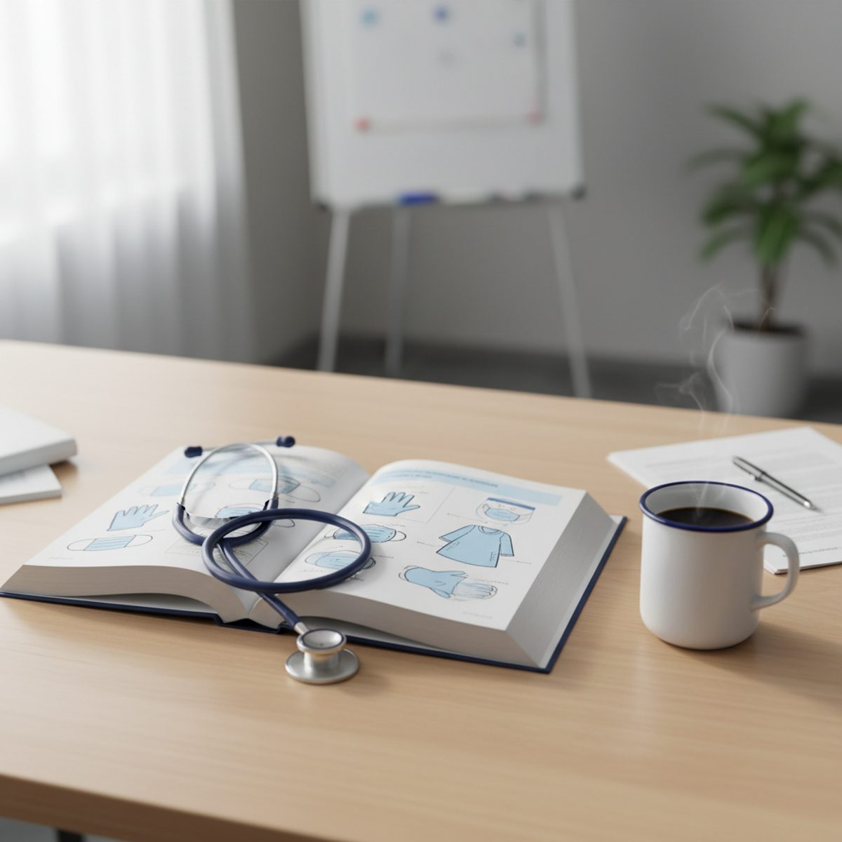 A focused nursing student studying safety and infection control NCLEX concepts with a stethoscope and medical chart nearby.