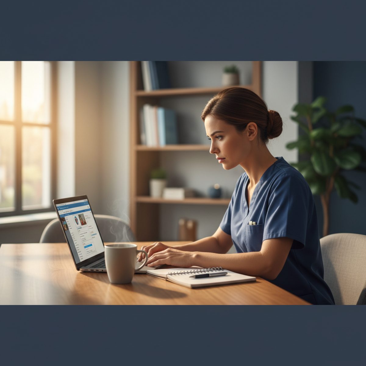 A healthcare worker using NCLEX study tips working at a desk with a stethoscope and laptop nearby.