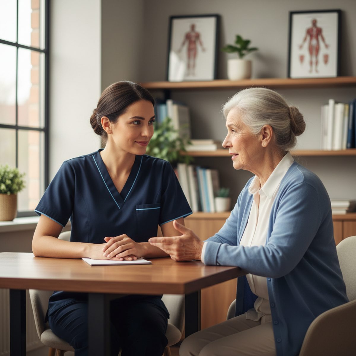 A female nurse sitting at eye level with an elderly patient, practicing therapeutic communication NCLEX techniques during a bedside assessment.