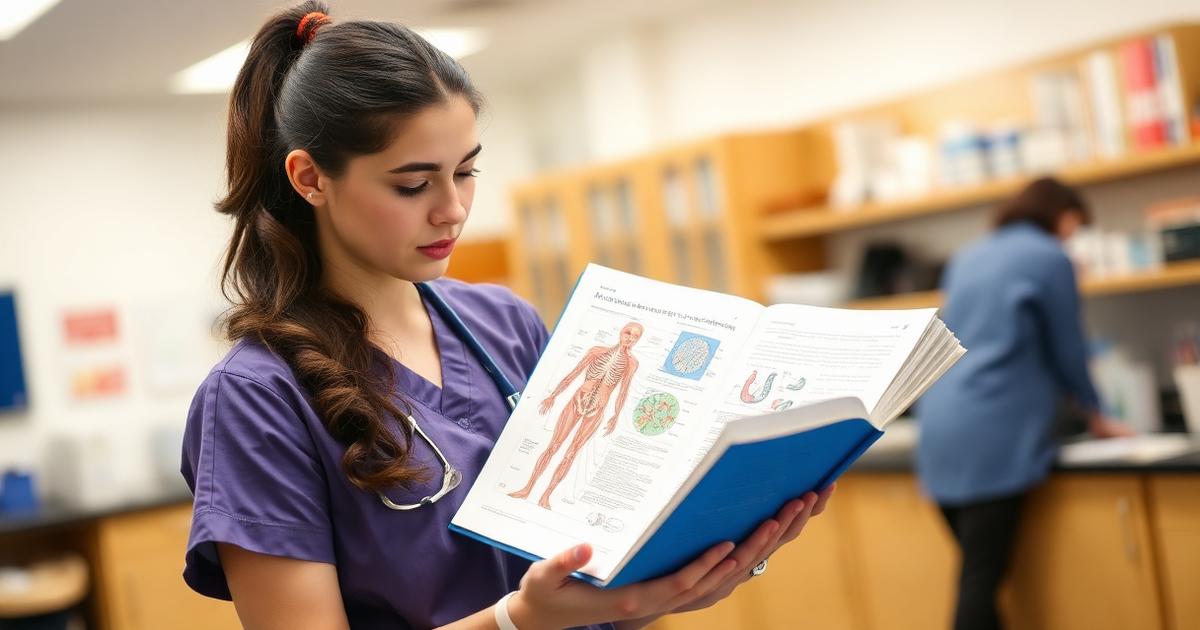 Pre-nursing student studying an anatomy textbook in a college science lab