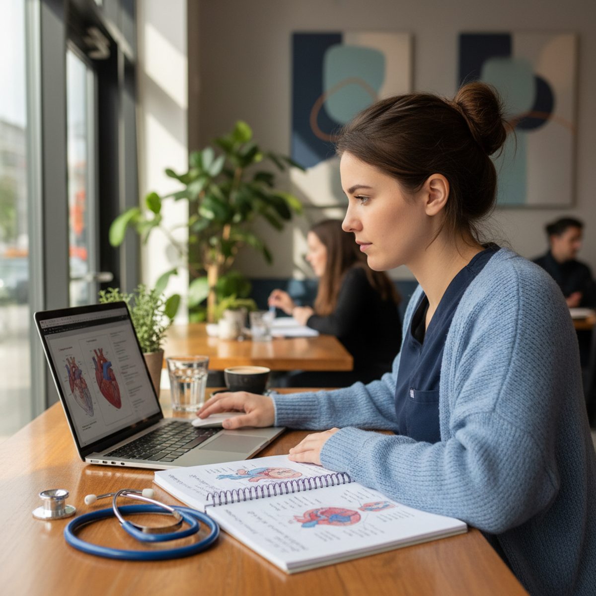A nursing student comparing UWorld vs Archer NCLEX study materials on a laptop next to a stethoscope.