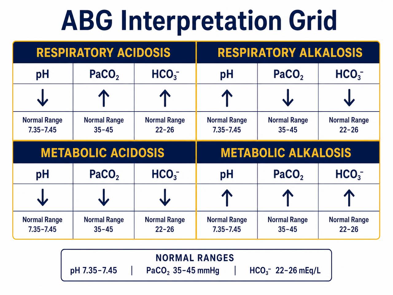 Four-quadrant ABG interpretation grid with pH, PaCO2 and HCO3 arrows