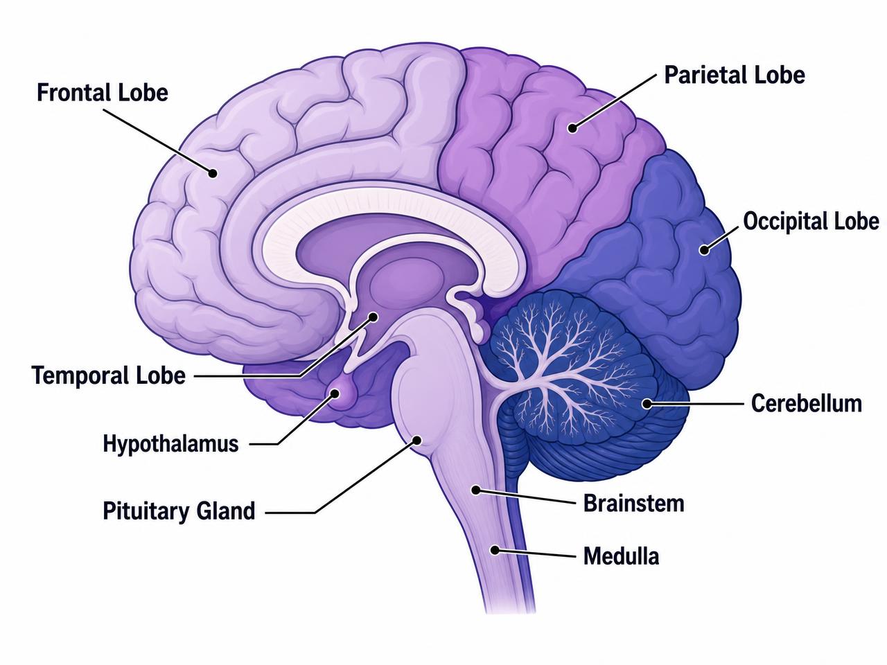 Labelled sagittal view of the brain showing lobes, cerebellum and brainstem