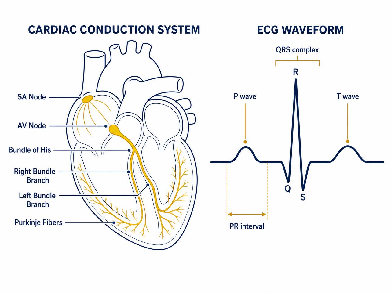 Labelled cardiac conduction pathway with matching ECG tracing