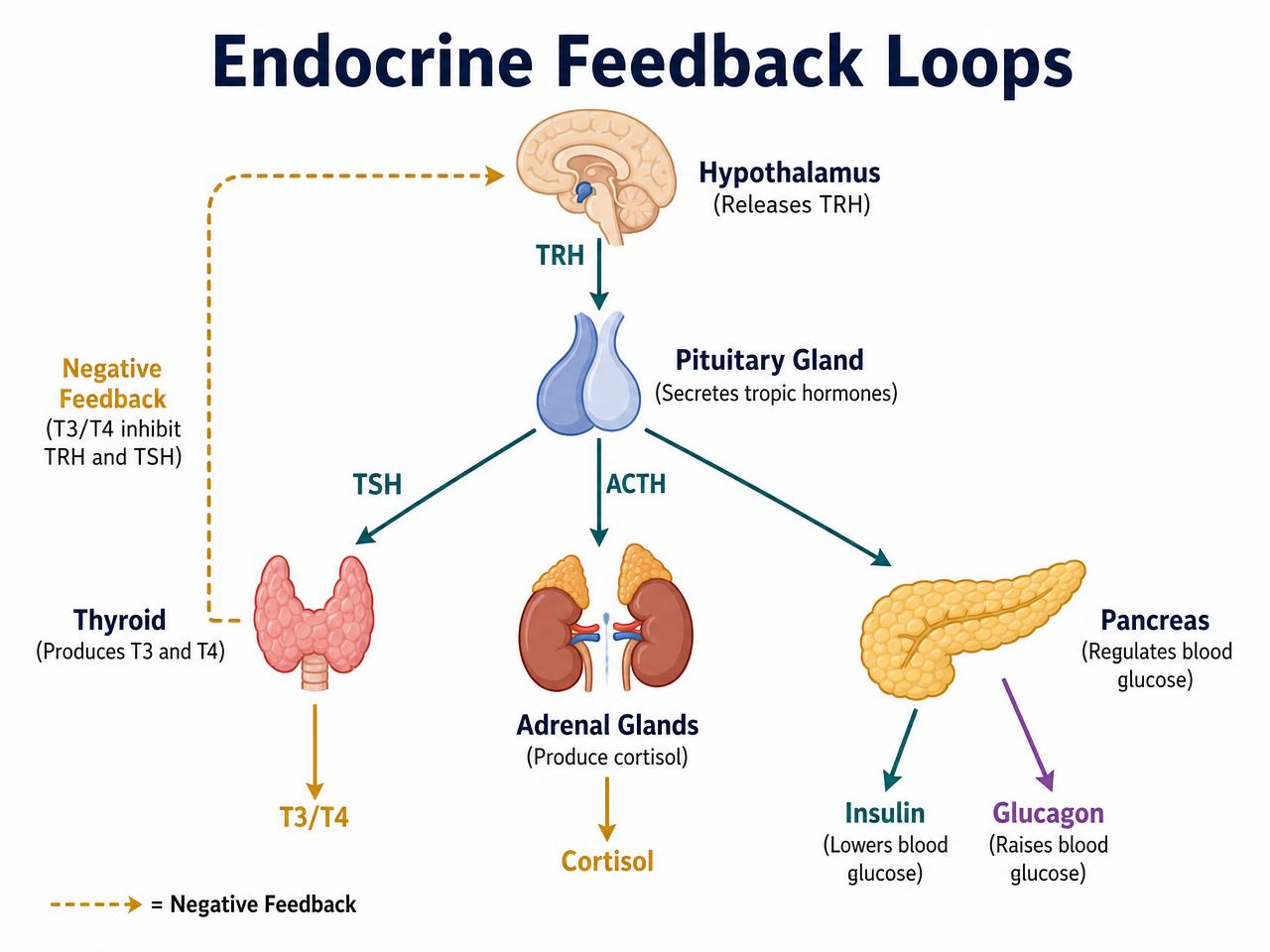 Diagram of hypothalamic-pituitary feedback loops to thyroid, adrenals and pancreas