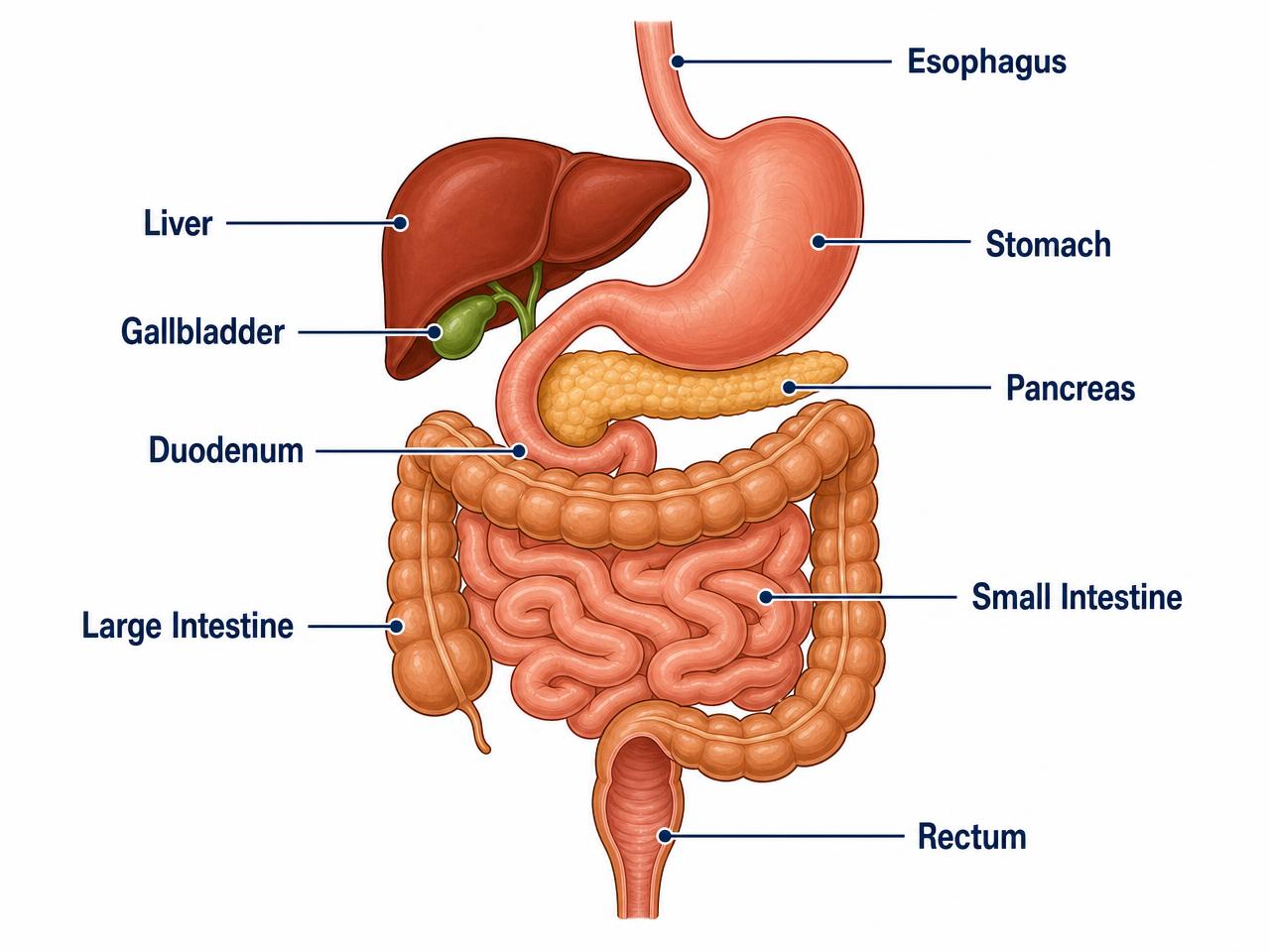 Labelled digestive tract with liver, gallbladder and pancreas