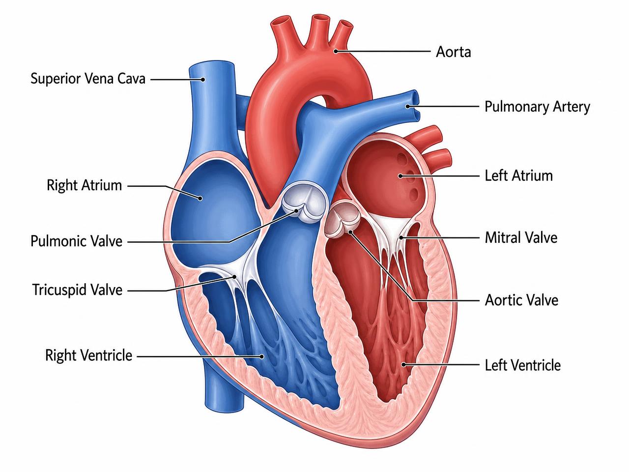 Labelled cross-section of the heart chambers, valves and great vessels