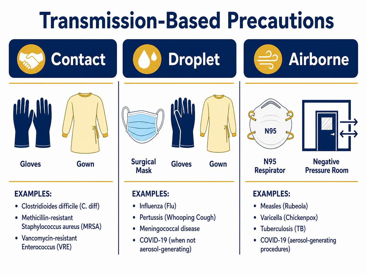 Contact, droplet and airborne precautions with required PPE